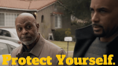 Two Men Standing In Front Of House Saying Protect Yourself GIF
