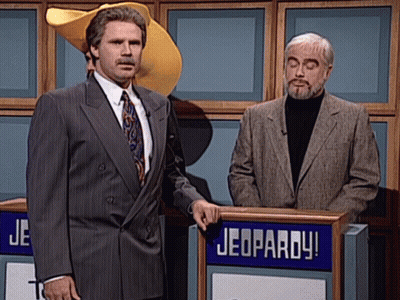 Two Men Standing In Front Of Jeopardy Sign GIF