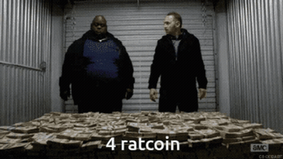 Two Men Standing In Front Of Money Pile Saying 4 Ratcoin GIF