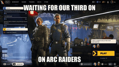 Two Men Standing In Front Of Screen Saying Waiting For Our Third On Arc Raiders GIF