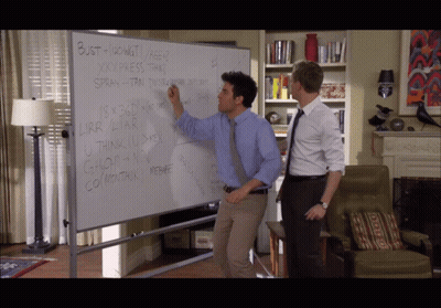 Two Men Standing In Front Of Whiteboard Saying Bust Hardwatt GIF