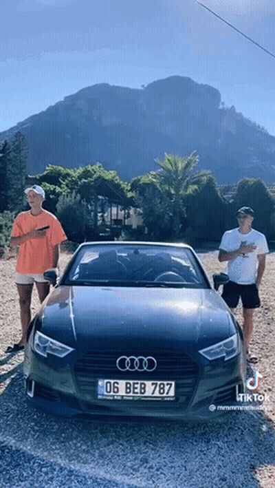 Two Men Standing Next To An Audi With A License Plate That Reads 06 Beb 787 GIF