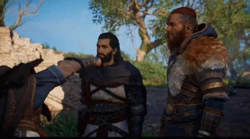 Two Men Standing Next To Each Other In A Video Game Scene GIF