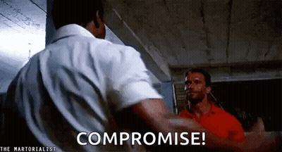 Two Men Standing Next To Each Other Saying Compromise GIF