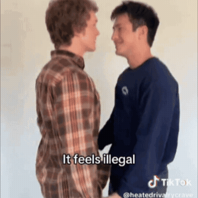 Two Men Standing Next To Each Other Saying It Feels Illegal GIF