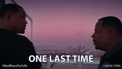 Two Men Standing Next To Each Other Saying One Last Time GIF
