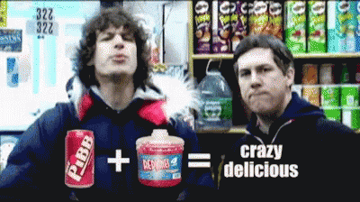 Two Men Standing Next To Each Other With A Can Of Pibb On The Left GIF