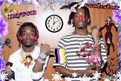 two men standing next to each other with a clock that says rockstar