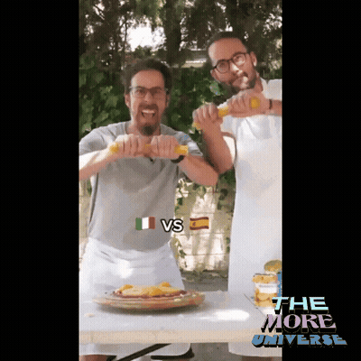 Two Men Standing Next To Each Other With A Sign That Says " Vs " On It GIF