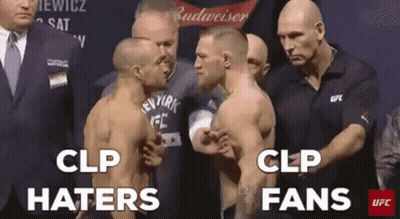 Two Men Standing Next To Each Other With Clp Haters And Clp Fans Written On The Bottom Of The Image GIF