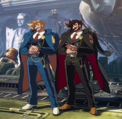 Two Men Standing Next To Each Other With One Wearing A Black Cape With A Red Cross On It GIF