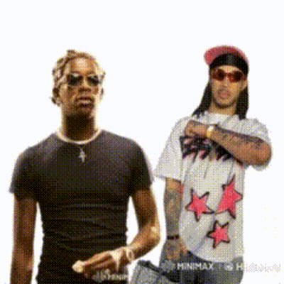 Two Men Standing Next To Each Other With One Wearing A Shirt That Says ' Minimal ' On It GIF