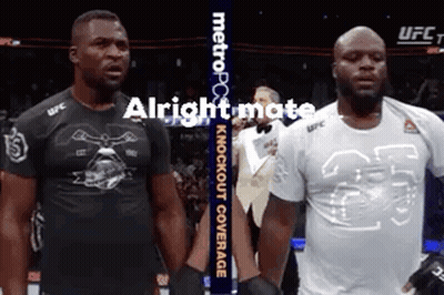 Two Men Standing Next To Each Other With The Words Alright Mate Knockout Coverage Written On The Bottom GIF