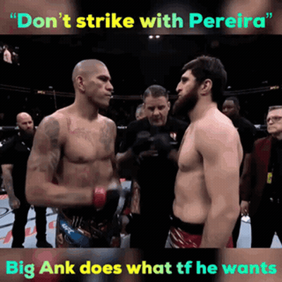 Two Men Standing Next To Each Other With The Words " Don 'T Strike With Pereira " On The Top GIF