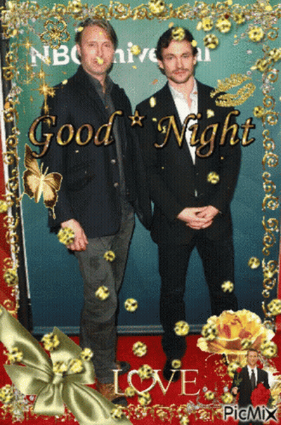 Two Men Standing Next To Each Other With The Words Good Night Written On The Bottom GIF