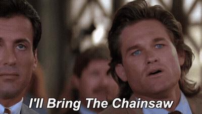 Two Men Standing Next To Each Other With The Words I 'Ll Bring The Chainsaw GIF