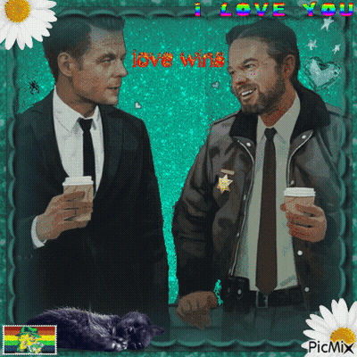 Two Men Standing Next To Each Other With The Words " I Love You " Written Above Them GIF