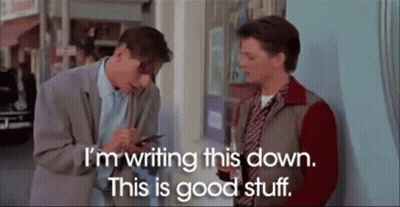 Two Men Standing Next To Each Other With The Words " I 'M Writing This Down This Is Good Stuff " Above Them GIF