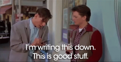 Two Men Standing Next To Each Other With The Words I 'M Writing This Down This Is Good Stuff On The Bottom GIF