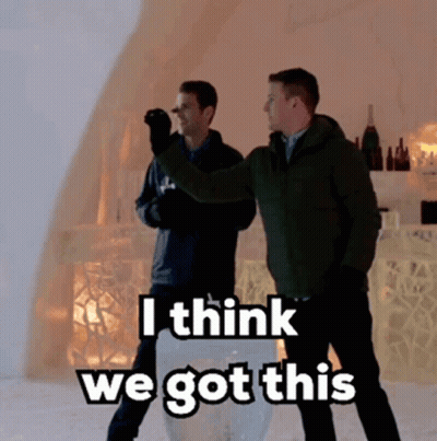 Two Men Standing Next To Each Other With The Words I Think We Got This GIF