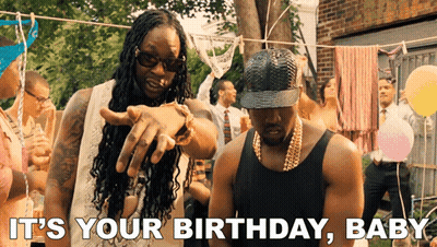 Two Men Standing Next To Each Other With The Words " It 'S Your Birthday Baby " On The Bottom GIF