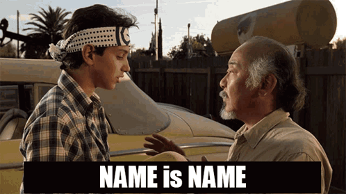 Two Men Standing Next To Each Other With The Words " Name Is Name " On The Bottom GIF
