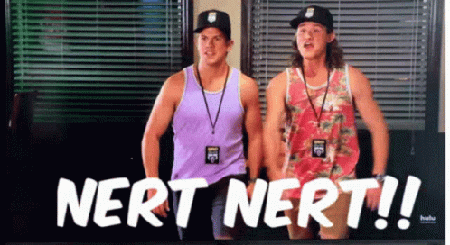 Two Men Standing Next To Each Other With The Words " Nert Nert " Written On The Screen GIF