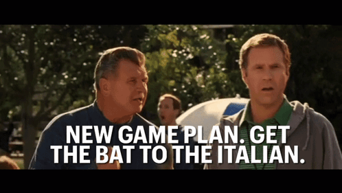 Two Men Standing Next To Each Other With The Words " New Game Plan Get The Bat To The Italian " On The Screen GIF