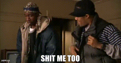 Two Men Standing Next To Each Other With The Words Shit Me Too Written On The Bottom GIF