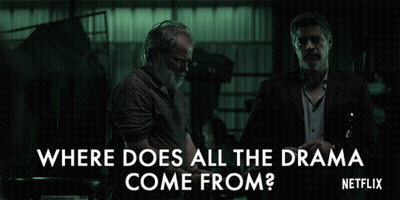 Two Men Standing Next To Each Other With The Words " Where Does All The Drama Come From " On The Bottom GIF