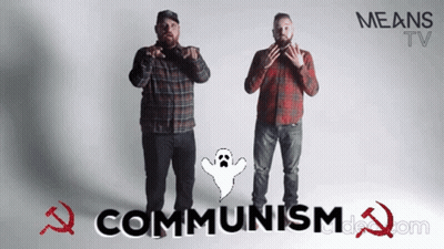 Two Men Standing Next To Ghost With Communism Behind GIF