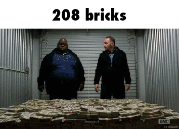 Two Men Standing Next To Pile Of Money 208 Bricks GIF