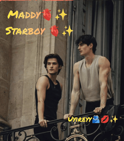 Two Men Standing On A Balcony With The Words Maddy Starboy Written On The Top GIF