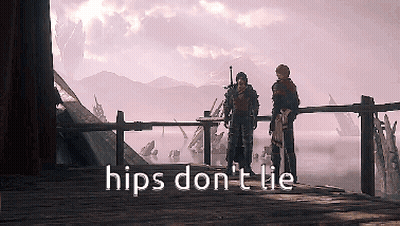 Two Men Standing On A Bridge With The Words " Hips Don 'T Lie " On The Bottom GIF