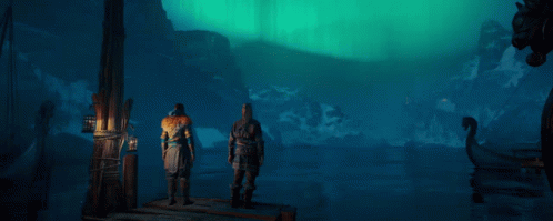 Two Men Standing On A Pier Looking At The Aurora Borealis GIF