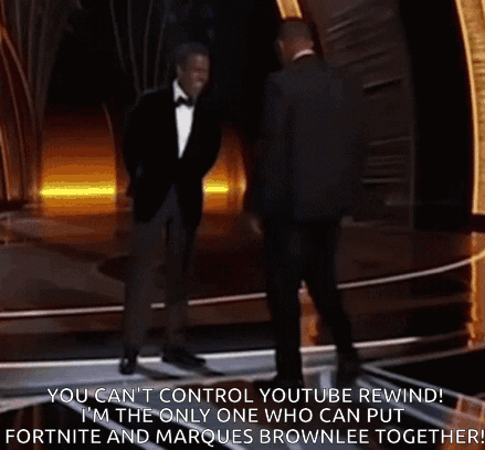 Two Men Standing On A Stage With A Caption That Says " You Can 'T Control Youtube Rewind " GIF