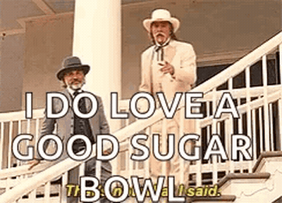 Two Men Standing On Stairs Saying I Do Love A Good Sugar The Bowl I Said GIF