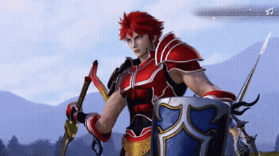 Two Men Standing: Red Shirt And Blue Suit GIF