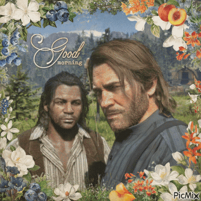 Two Men Surrounded By Flowers Saying Good Morning GIF