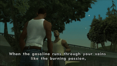 Two Men Talking In Video Game Saying When The Gasoline Runs Through Your Veins Like The Burning Passion GIF