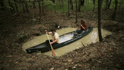 Two Men Try To Row The Boat On Pond GIF