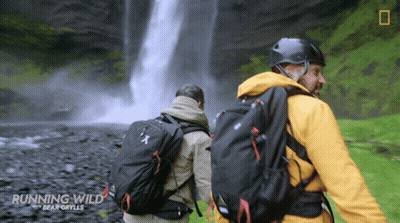Two Men Walking By Waterfall Running Wild Bear Grylls GIF