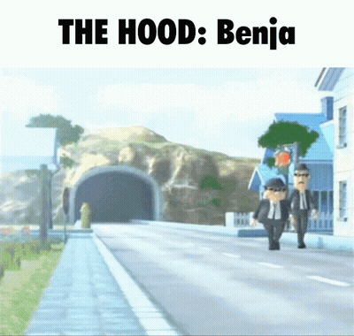 Two Men Walking Down A Street With The Words " The Hood Benja " On The Bottom GIF