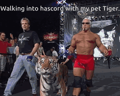 Two Men Walking Into Hascord With A Tiger GIF