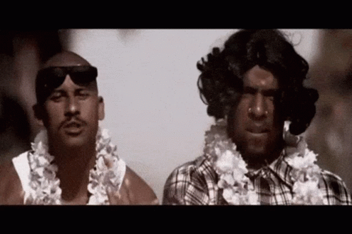 Two Men Wearing Flowers Around Their Necks And Sunglasses Are Standing Next To Each Other GIF