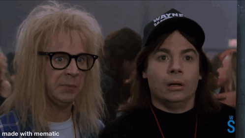 Two Men Wearing Glasses And A Hat That Says Wayne 'S World On It GIF