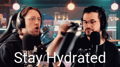 Two Men Wearing Headphones Are Playing A Video Game And The Words Stay Hydrated Are On The Bottom GIF