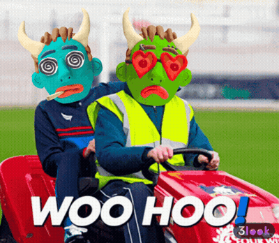 Two Men Wearing Masks Are Riding A Lawn Mower With The Words Woo Hoo Written On The Bottom GIF