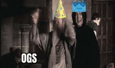 Two Men Wearing Party Hats With Ogs Written On The Bottom Right GIF