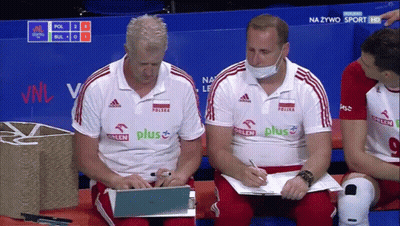 Two Men Wearing Polo Shirts With The Word Polska On It GIF